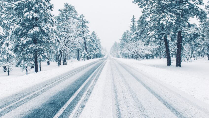 A snowy road with trees and snow on the side.